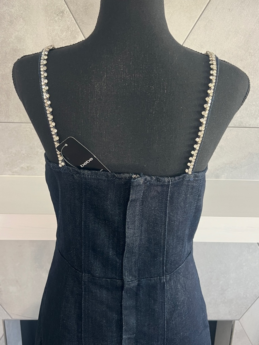 Bebe BOW DETAIL RHINESTONE STRAP GLITTER DENIM DRESS 🎀 - Picture 8 of 13